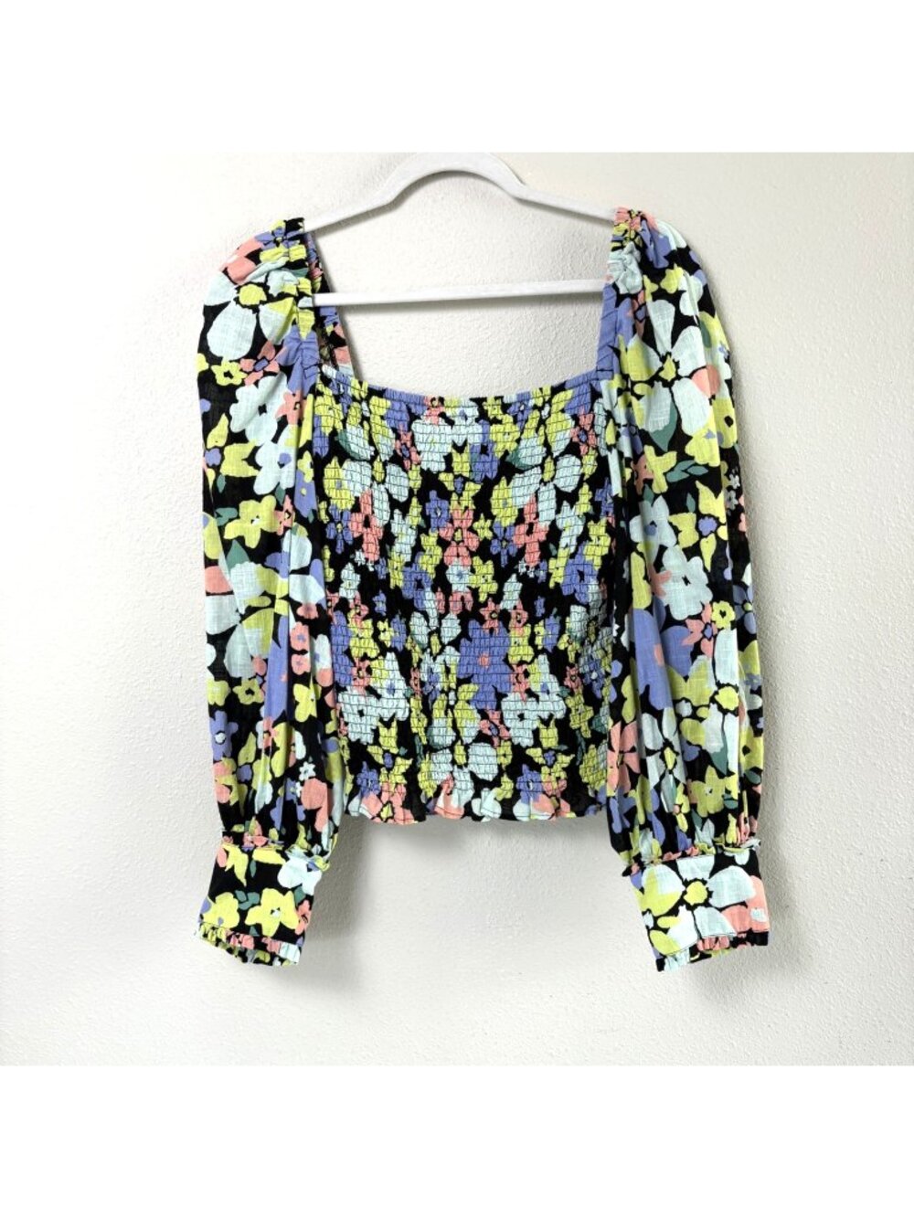 Free People Ariana Smocked Crop Top Size L Multi Floral‎ Print Puff Sleeve Boho
